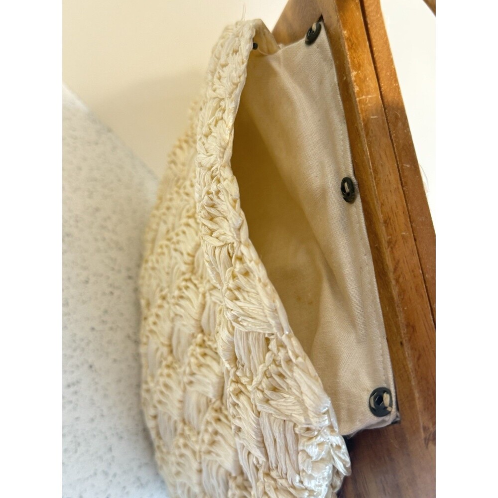 Vintage Purse Woven Straw Raffia Handbag Floral Wooden Handle Cream 1960's - Picture 10 of 13
